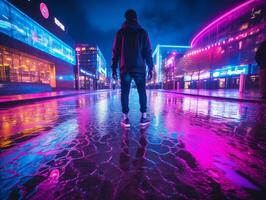 Man in future proof clothes enjoys a leisurely stroll through a neon lit city streets AI Generative photo