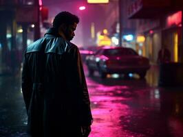 Man in future proof clothes enjoys a leisurely stroll through a neon lit city streets AI Generative photo