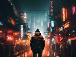 Man in future proof clothes enjoys a leisurely stroll through a neon lit city streets AI Generative photo