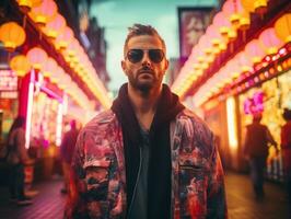 Man in future proof clothes enjoys a leisurely stroll through a neon lit city streets AI Generative photo