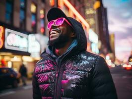 Man in future proof clothes enjoys a leisurely stroll through a neon lit city streets AI Generative photo