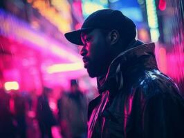 Man in future proof clothes enjoys a leisurely stroll through a neon lit city streets AI Generative photo