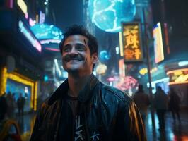 Man in future proof clothes enjoys a leisurely stroll through a neon lit city streets AI Generative photo