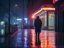 Man in future proof clothes enjoys a leisurely stroll through a neon lit city streets AI Generative photo