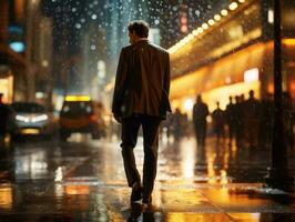 Man in future proof clothes enjoys a leisurely stroll through a neon lit city streets AI Generative photo