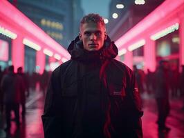Man in future proof clothes enjoys a leisurely stroll through a neon lit city streets AI Generative photo