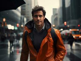 Man in future proof clothes enjoys a leisurely stroll through a neon lit city streets AI Generative photo