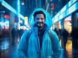 hombre en futuro prueba ropa disfruta un sin prisa paseo mediante un neón iluminado ciudad calles ai generativo foto