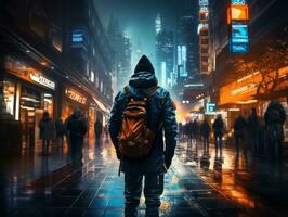 Man in future proof clothes enjoys a leisurely stroll through a neon lit city streets AI Generative photo