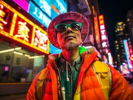 Man in future proof clothes enjoys a leisurely stroll through a neon lit city streets AI Generative photo