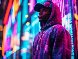 Man in future proof clothes enjoys a leisurely stroll through a neon lit city streets AI Generative photo