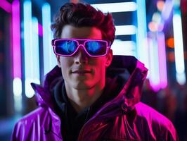 Man in future proof clothes enjoys a leisurely stroll through a neon lit city streets AI Generative photo