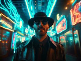 Man in future proof clothes enjoys a leisurely stroll through a neon lit city streets AI Generative photo