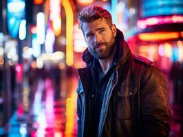 Man in future proof clothes enjoys a leisurely stroll through a neon lit city streets AI Generative photo