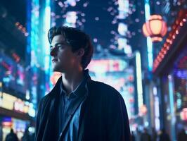 Man in future proof clothes enjoys a leisurely stroll through a neon lit city streets AI Generative photo
