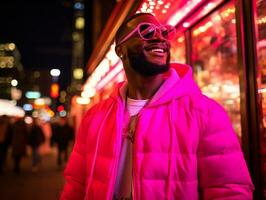 Man in future proof clothes enjoys a leisurely stroll through a neon lit city streets AI Generative photo