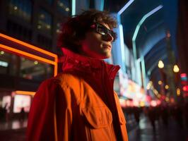 Man in future proof clothes enjoys a leisurely stroll through a neon lit city streets AI Generative photo