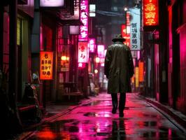 Man in future proof clothes enjoys a leisurely stroll through a neon lit city streets AI Generative photo