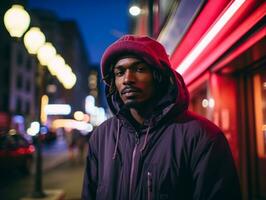 Man in future proof clothes enjoys a leisurely stroll through a neon lit city streets AI Generative photo