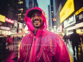 Man in future proof clothes enjoys a leisurely stroll through a neon lit city streets AI Generative photo
