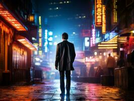 Man in future proof clothes enjoys a leisurely stroll through a neon lit city streets AI Generative photo
