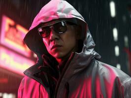 Man in future proof clothes enjoys a leisurely stroll through a neon lit city streets AI Generative photo