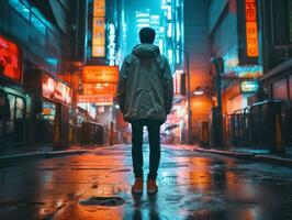 Man in future proof clothes enjoys a leisurely stroll through a neon lit city streets AI Generative photo