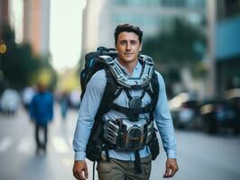 man in futuristic clothes enjoys a leisurely stroll through a city streets AI Generative photo