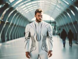 man in futuristic clothes enjoys a leisurely stroll through a city streets AI Generative photo