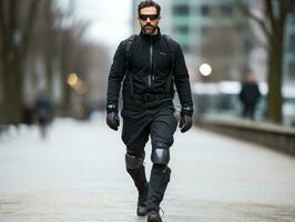 man in futuristic clothes enjoys a leisurely stroll through a city streets AI Generative photo
