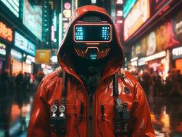 man in futuristic clothes enjoys a leisurely stroll through a city streets AI Generative photo