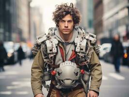 man in futuristic clothes enjoys a leisurely stroll through a city streets AI Generative photo