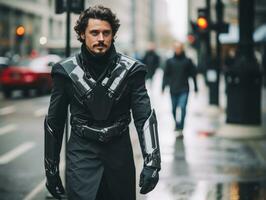 man in futuristic clothes enjoys a leisurely stroll through a city streets AI Generative photo