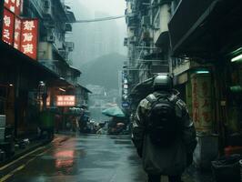 man in futuristic clothes enjoys a leisurely stroll through a city streets AI Generative photo