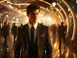man in futuristic clothes enjoys a leisurely stroll through a city streets AI Generative photo