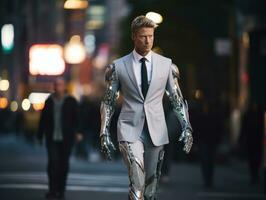 man in futuristic clothes enjoys a leisurely stroll through a city streets AI Generative photo