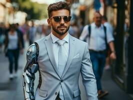 man in futuristic clothes enjoys a leisurely stroll through a city streets AI Generative photo