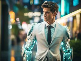 man in futuristic clothes enjoys a leisurely stroll through a city streets AI Generative photo