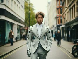 hombre en futurista ropa disfruta un sin prisa paseo mediante un ciudad calles ai generativo foto