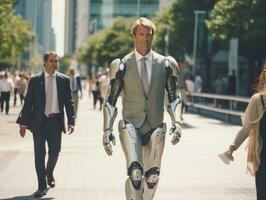 man in futuristic clothes enjoys a leisurely stroll through a city streets AI Generative photo