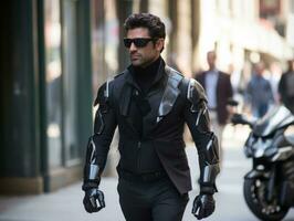 man in futuristic clothes enjoys a leisurely stroll through a city streets AI Generative photo