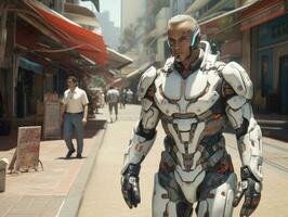 man in futuristic clothes enjoys a leisurely stroll through a city streets AI Generative photo