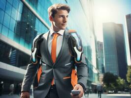man in futuristic clothes enjoys a leisurely stroll through a city streets AI Generative photo