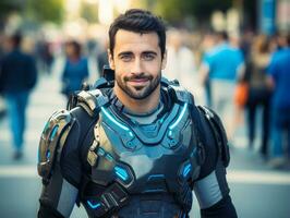 man in futuristic clothes enjoys a leisurely stroll through a city streets AI Generative photo