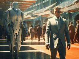 man in futuristic clothes enjoys a leisurely stroll through a city streets AI Generative photo