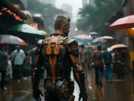 man in futuristic clothes enjoys a leisurely stroll through a city streets AI Generative photo