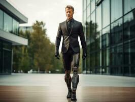 man in futuristic clothes enjoys a leisurely stroll through a city streets AI Generative photo
