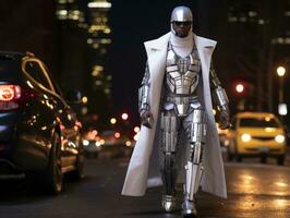 man in futuristic clothes enjoys a leisurely stroll through a city streets AI Generative photo