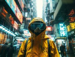 man in futuristic clothes enjoys a leisurely stroll through a city streets AI Generative photo