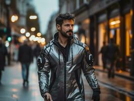 man in futuristic clothes enjoys a leisurely stroll through a city streets AI Generative photo